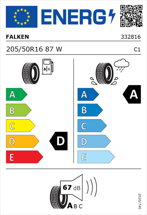 Tyre Label for Falken Ziex  ZE310 Ecorun 205/50R16 87W