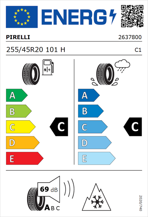 Tyre Label for Pirelli Scorpion Verde All Season 255/45R20 101H