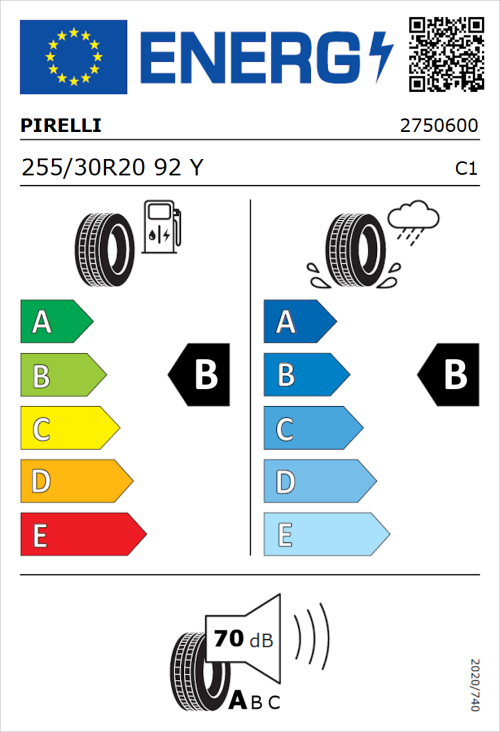 Tyre Label for Pirelli P ZERO Run Flat 255/30R20 92Y