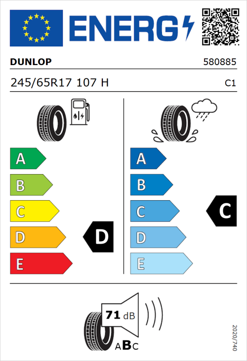 Tyre Label for Dunlop Grandtrek AT5 245/65R17 107H