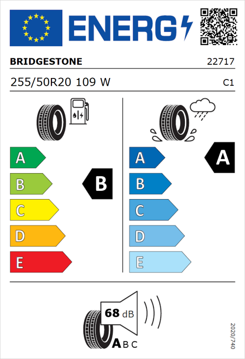 Tyre Label for Bridgestone Turanza T005 255/50R20 109W