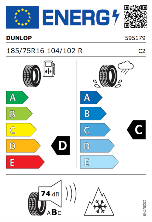 Tyre Label for Dunlop Econodrive A/S 185/75R16 104/102R