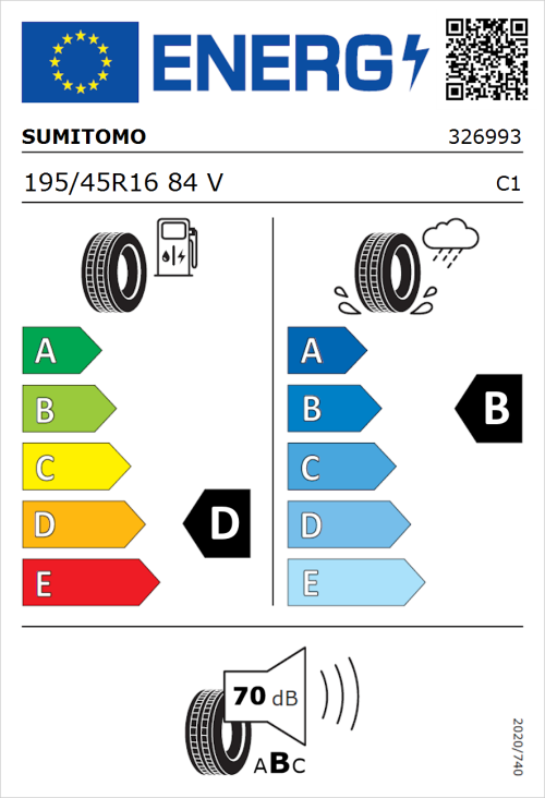 Tyre Label for Sumitomo BC100 195/45R16 84V
